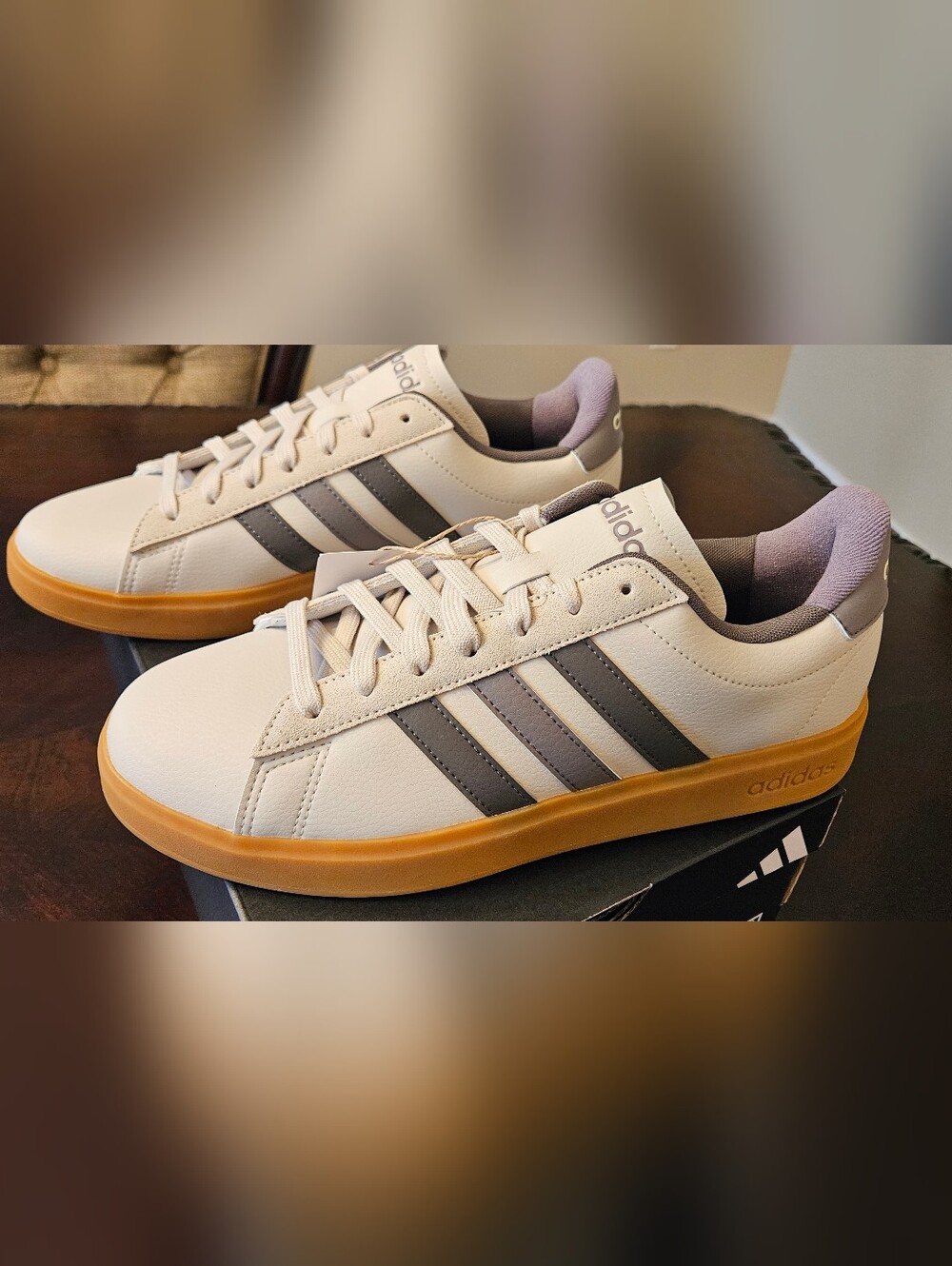 adidas Men’s White Sneakers with Gray Stripes and Gum Outsole